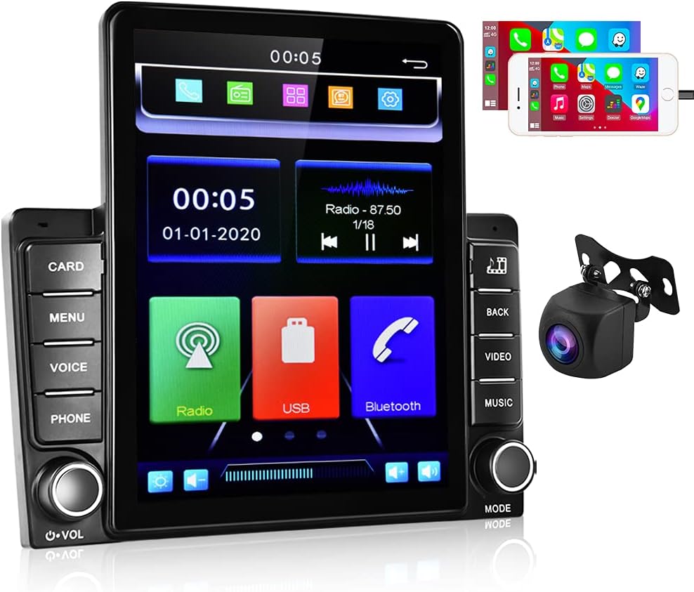 Podofo Double Din Car Radio with Carplay, HD 9.5 Vertical Touch Screen Car Stereo with Bluetooth/Backup Camera, Support Mirror Link/USB/FM/SWC