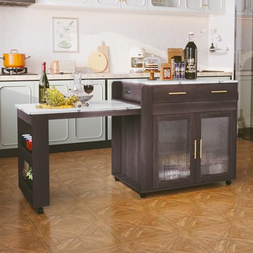 HLR Extendable Kitchen Island on Wheels, Rolling Kitchen Island Cart with Power Outlet