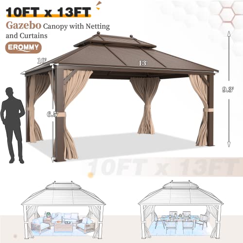 EROMMY 14'x20' Hardtop Gazebo Double Roof Galvanized Steel Canopy Outdoor Aluminum Frame Permanent Metal Pavilion with Netting and Curtains for Patio