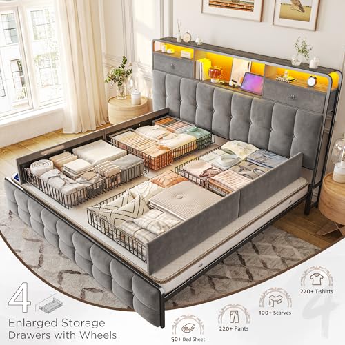 EnHomee King Size Bed Frame with 4 Storage Drawers King Bed Frame with Headboard Built in Charging Station and LED Lights, No Noise