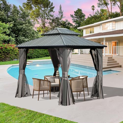 Domi 10' x 10' Hardtop Gazebo Outdoor Metal Gazebo with Galvanized Steel Double Roof Canopy, Curtains and Netting for Patio, Backyard, Deck