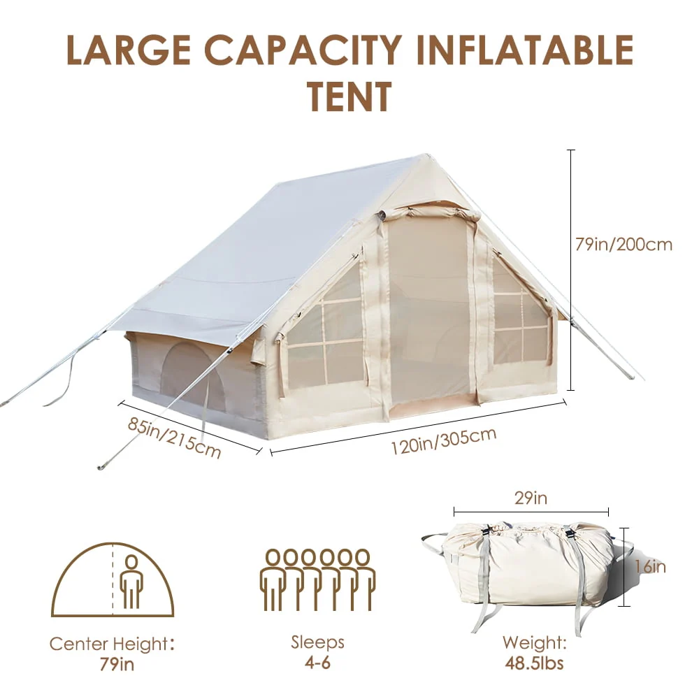 Inflatable Tent House Air Tent Large Glamping Tent with Pump Easy Setup Waterproof Outdoor Oxford Air Tent 4 Seasons Windproof Tents for Family