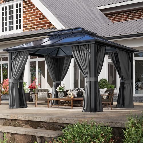 Aoxun 12'x10' Hardtop Gazebo, Aluminum Frame Permanent Pavilion with Curtains and Netting, Outdoor Polycarbonate Double Roof Canopy