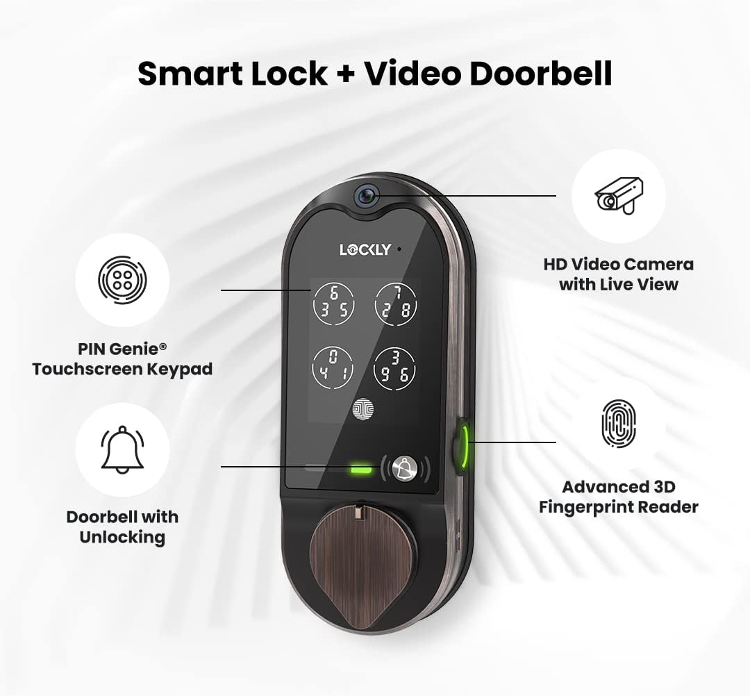 LOCKLY Vision Deadbolt with Video Doorbell Edition Smart Lock PGD798VB, Keyless Entry Door Lock with Fingerprint, Wi-Fi, APP