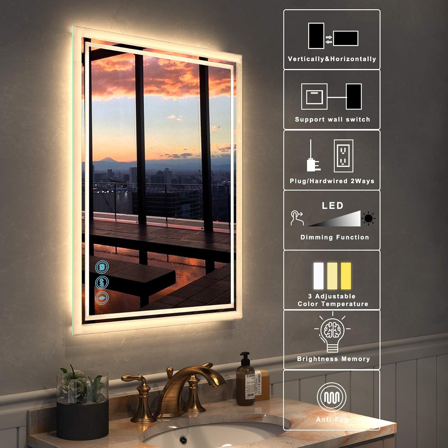 LED Bathroom Mirror for Wall - JORYOO 36x24 Inch Anti-Fog Bathroom Mirror with Lights - Lighted Bathroom Mirror