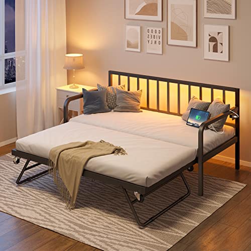 Rolanstar Daybed with Charging Station and LED Lights, Height Adjustable Twin Daybed with Trundle