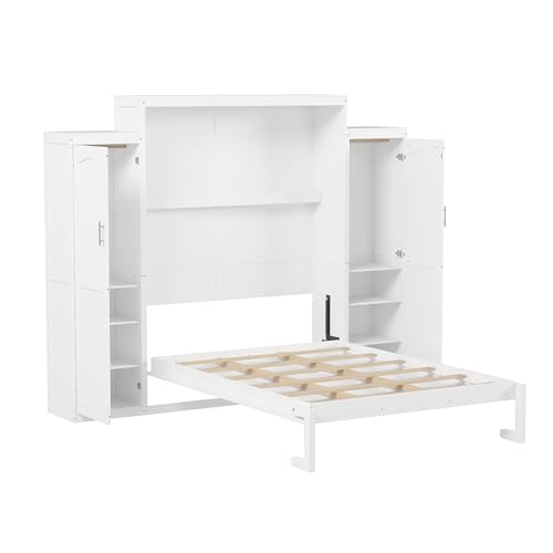 Queen Size Murphy Bed Wall Cabinet with 2 Wardrobe and Storage Shelf, Wooden Murphy Cube Wall Bed