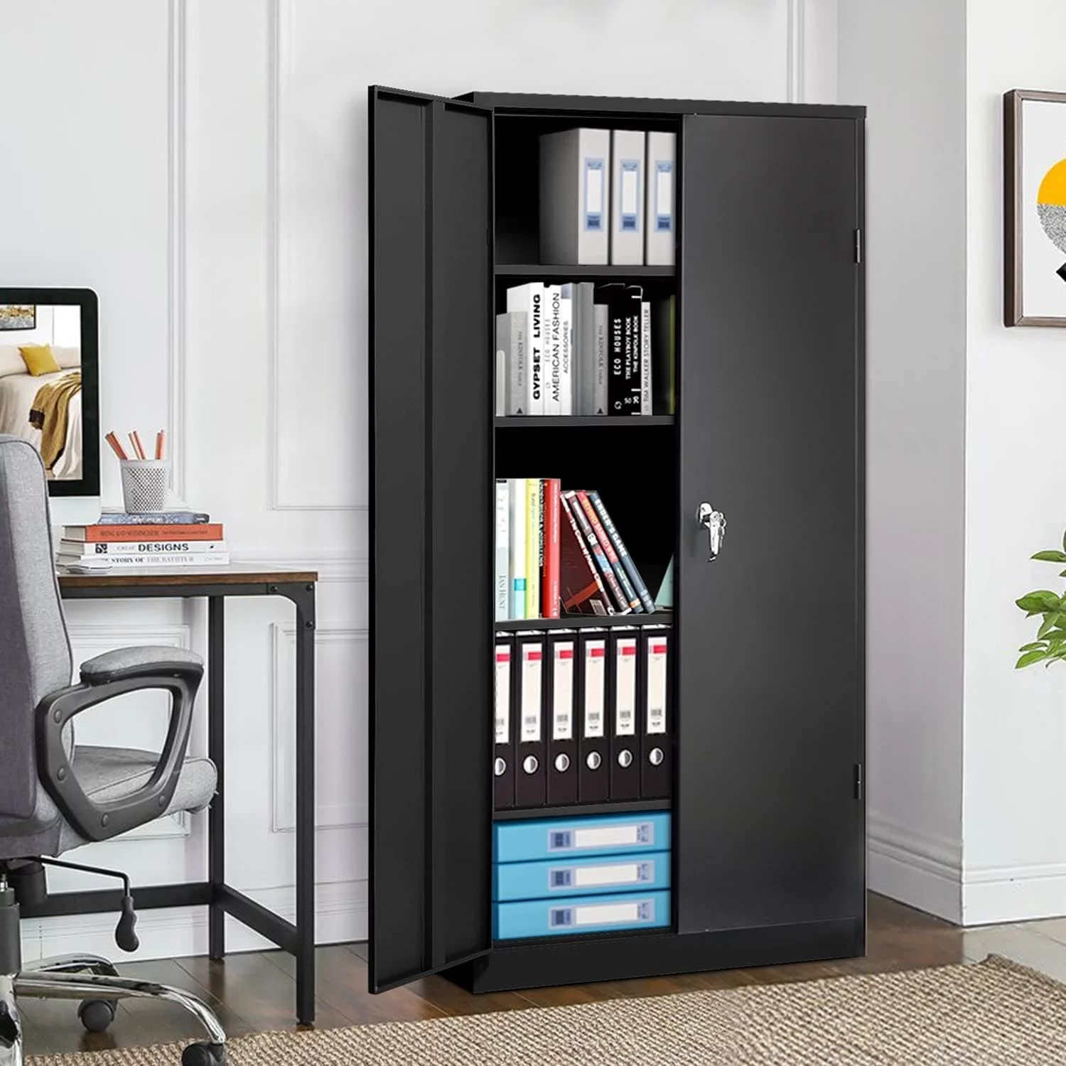 72 inch Metal Garage Storage Cabinet with Locking Doors and Adjustable Shelves Black Metallic Finish