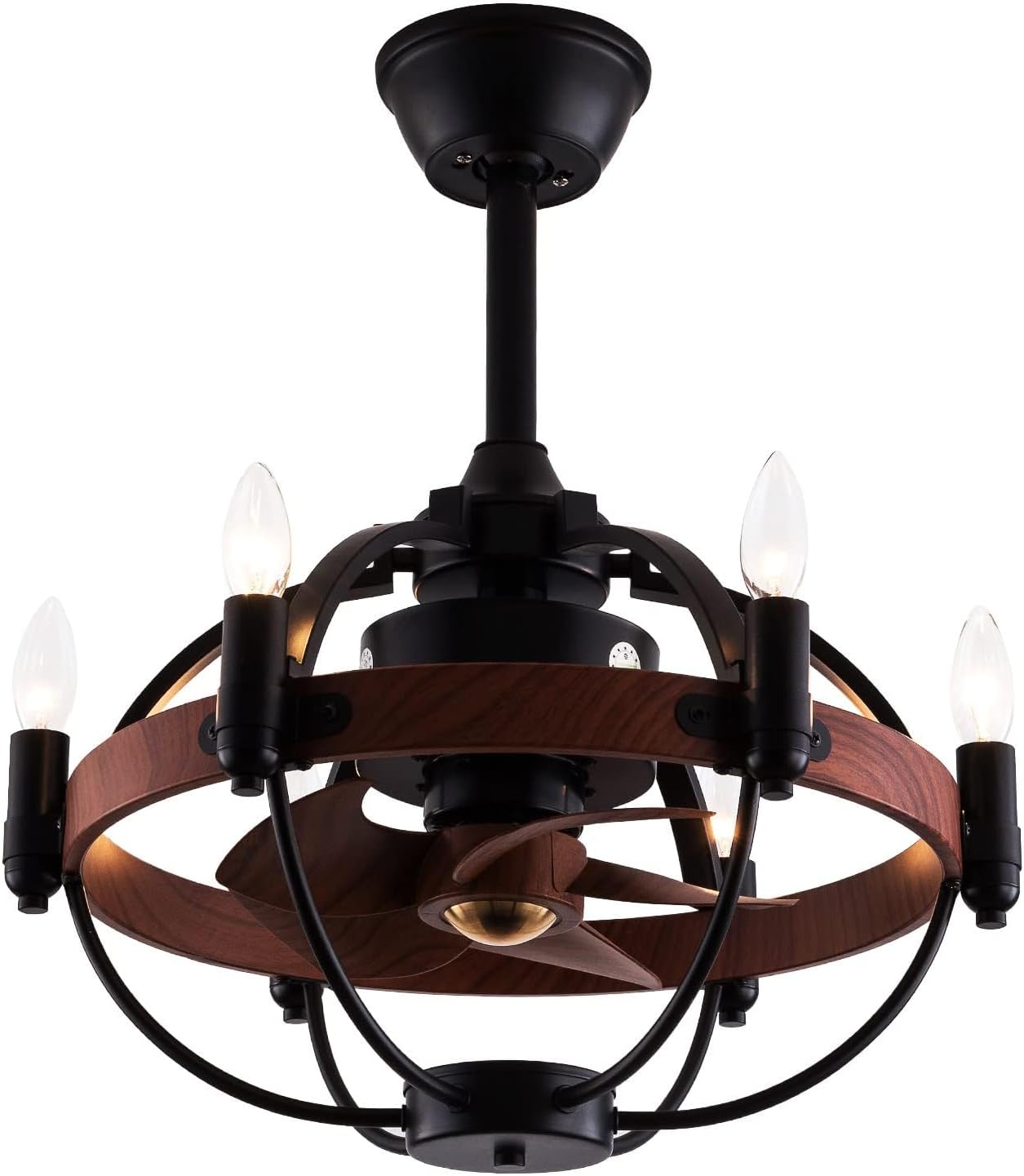OUKANING Farmhouse Enclosed Ceiling Fan with Light Remote Control, Rustic Chandelier Fandelier with Lights