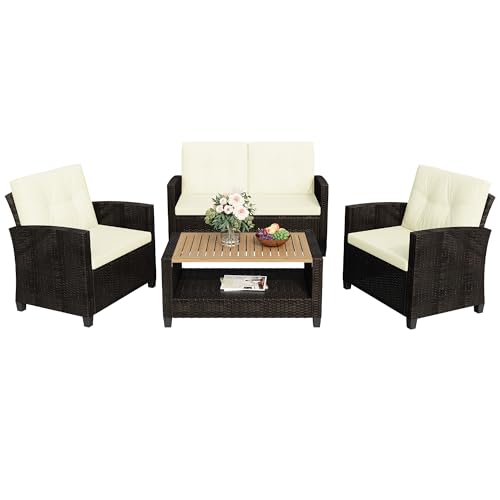 Wisteria Lane 4 Piece Outdoor Patio Furniture Sets, Wicker Conversation Set for Porch Deck, Gray Rattan Sofa Chair with Cushion