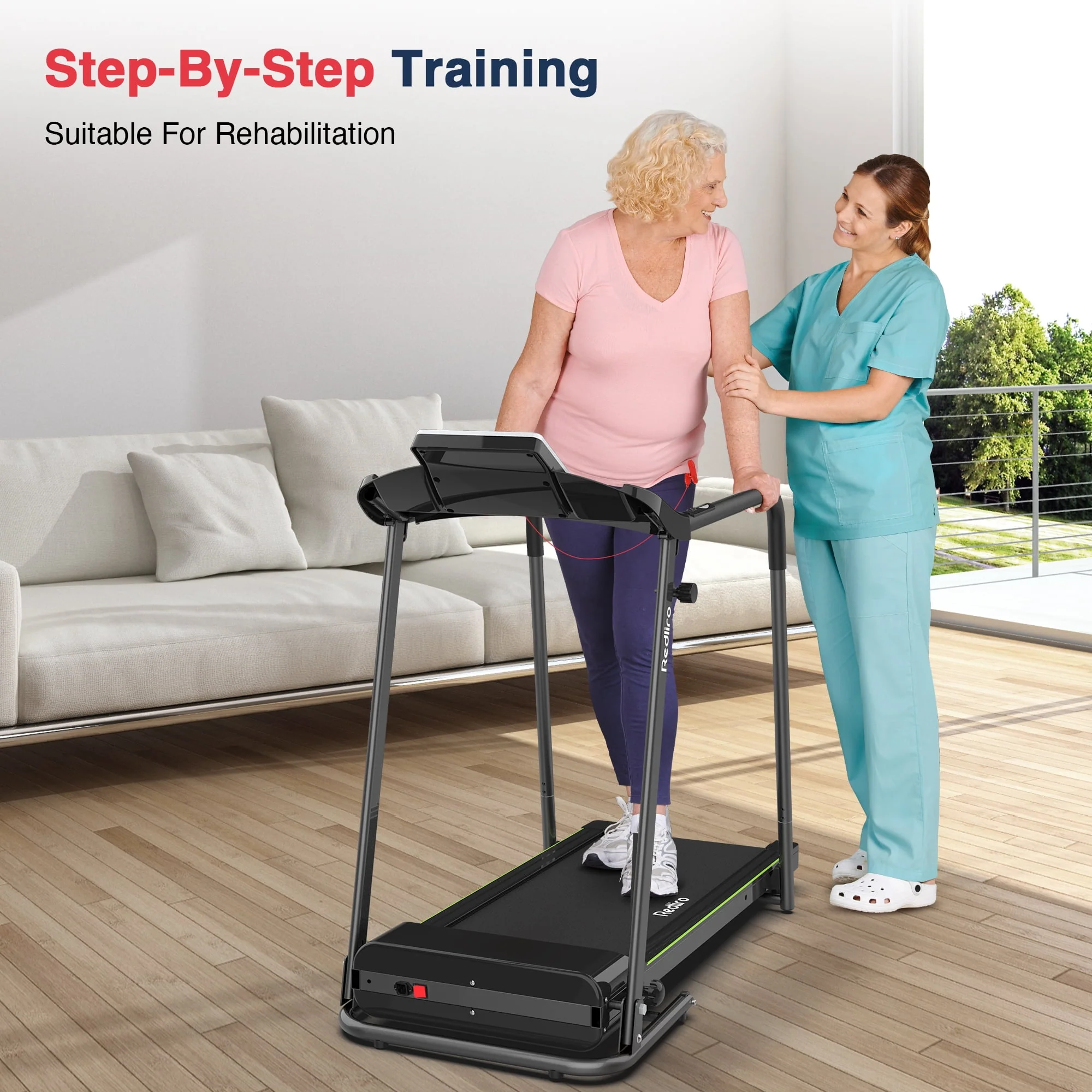 Redliro Folding Treadmill Walking Machine Heart Rate Sensor Handrails for Senior Recovery Home 2.25HP 300lbs