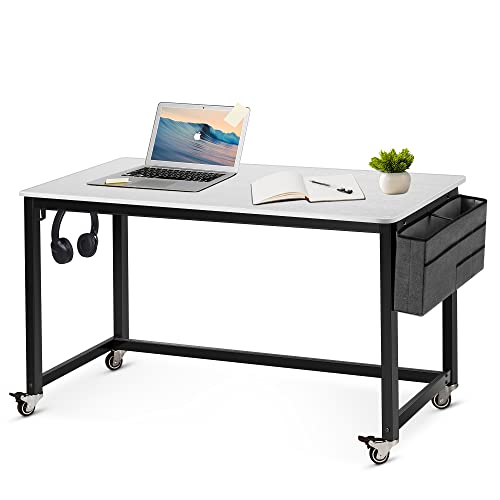 AHB 55" Rolling Computer Desk with 4 Smooth Wheels, Simple Style Mobile Writing Desk Home Office Study Table Movable Workstation with Metal Frame
