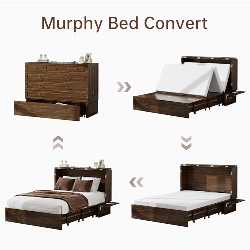 Murphy Bed Queen, Murphy Bed Cabinet with Charging Station, Large Storage Drawer and Shelves for Home Office or Guest Room, Warm White