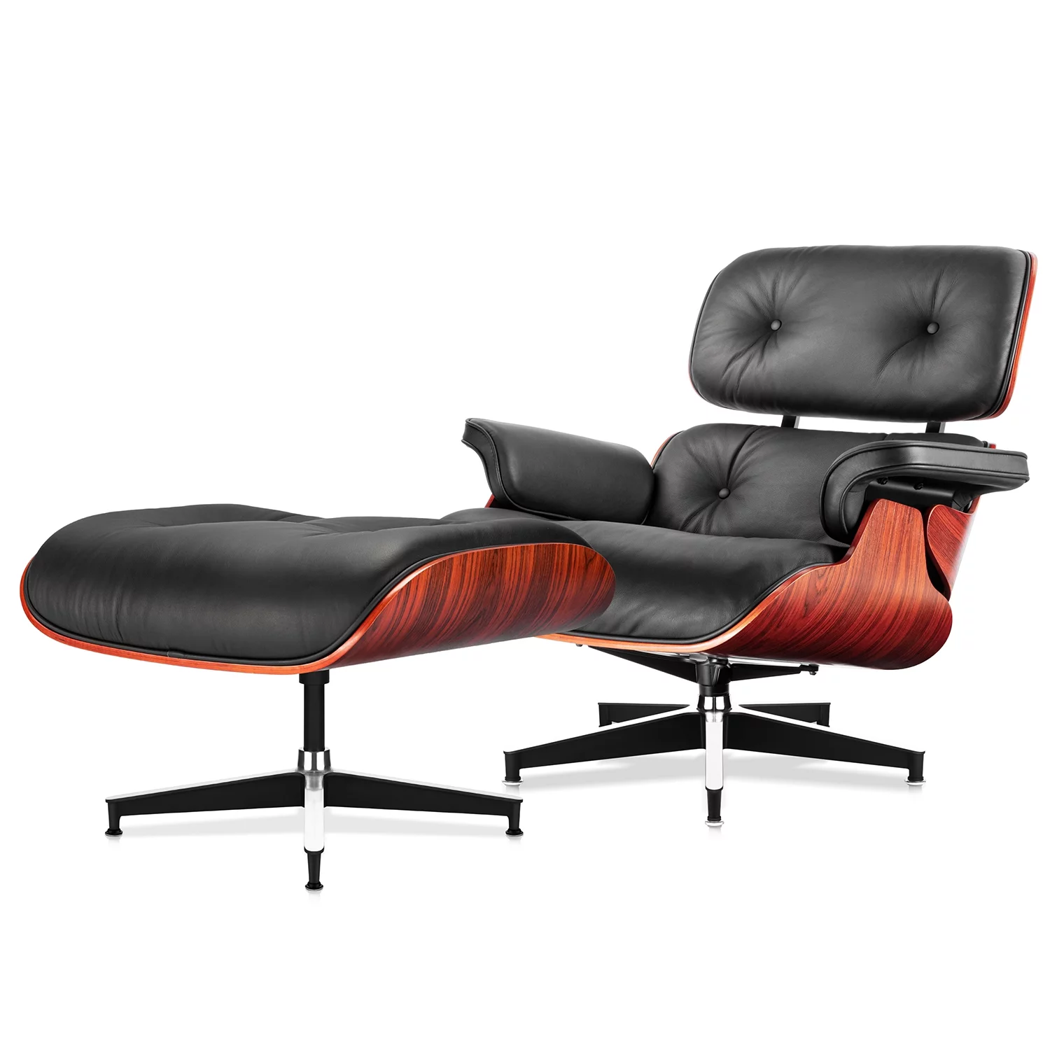 Mid Century Accent Chair with Ottoman Recliner Lounge Chair Upholstered Modern Armchair w/Dark Rosewood Frame,Metal Legs,Black