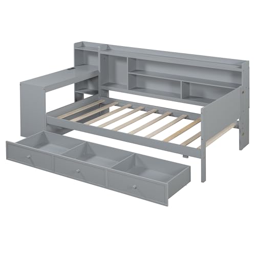 Bellemave Twin Corner Bed Frame with Storage Shelves and Desk, Wood Twin Size Daybed with Bookcase and Drawers and Storage, Gray