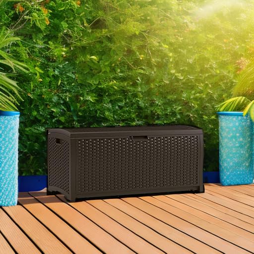 Suncast Outdoor Storage Box - 73 Gallon Mocha Brown Deck Box for Patio, Waterproof Outdoor Storage Bench, Resin Wicker Style, Heavy-Duty