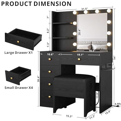 IRONCK Vanity Desk with Mirror and Lights, Small Makeup Vanity Table with 5 Drawers, Power Outlet, and Vanity Stool, 3 Lighting Colors