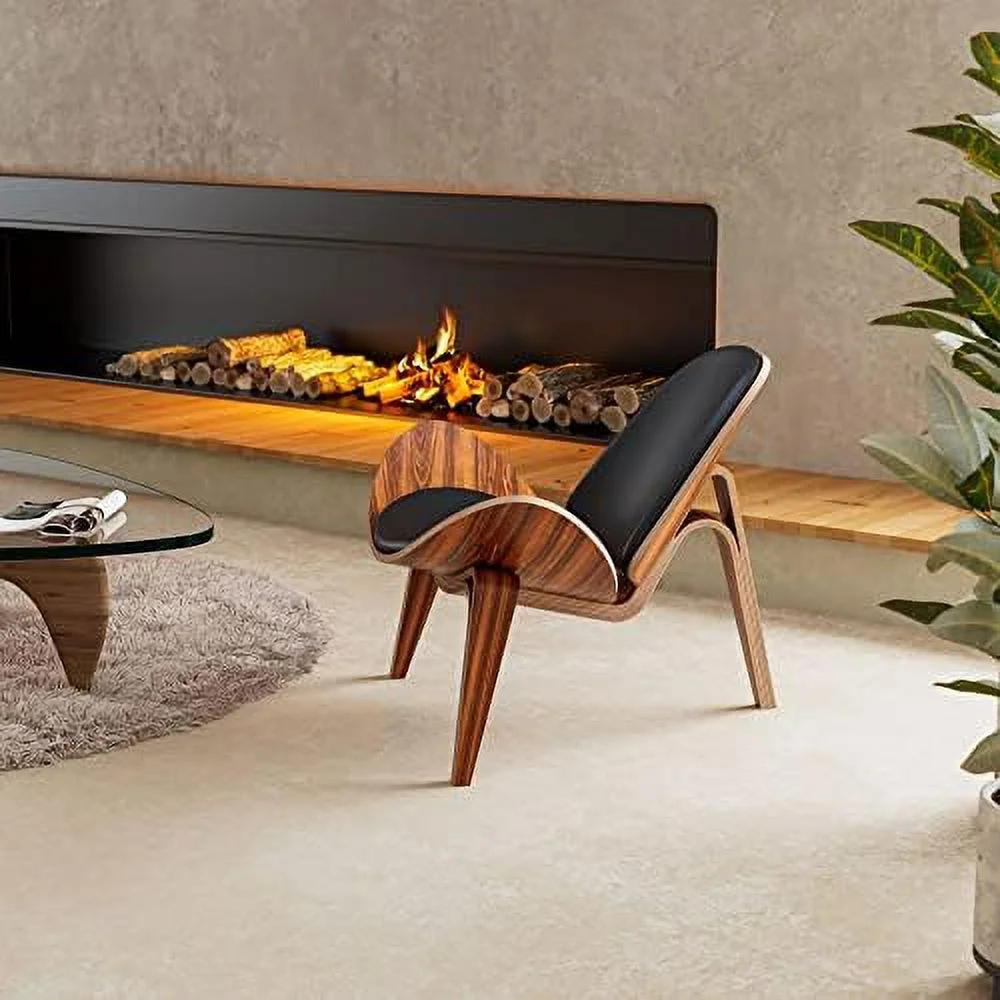TJUNBOLIFE Mid Century Modern Shell Lounge Chair PU Leather Tripod Plywood Classic Design Solid Wood Accent Chairs for Living Room Reading Lounge
