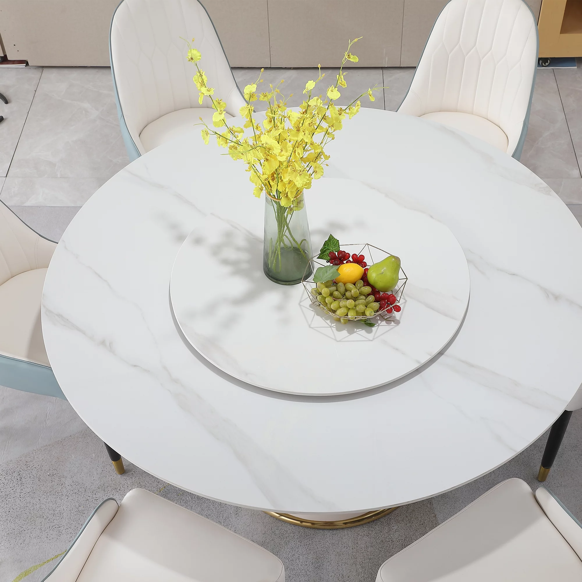 59” Leavader Sintered Stone Round Kitchen Dining Table Set with 31.5” Round Turntable for 8 People with Stainless Steel Base with 8 Chairs