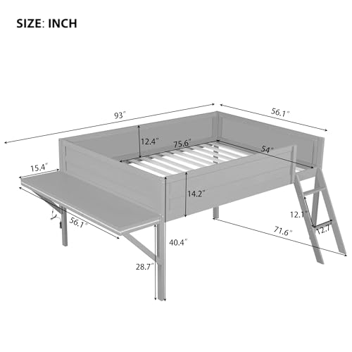 Modern Full Size Gaming Loft Bed with Built-in Desk and Storage Wardrobe, Wood Loft Bed Frame with Light Strip and 2 Drawers