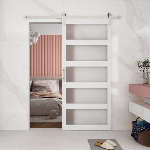 BARNSMITH 42in x 84in Glass Barn Door with 7FT Sliding Door Hardware Kit Included & Handle