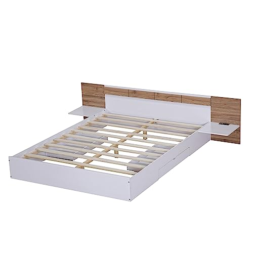SOFTSEA Full Murphy Bed Wall Beds, Wood White Cabinet Bed 61.5” Foldable Platform Bed with Shelf for Guest Room