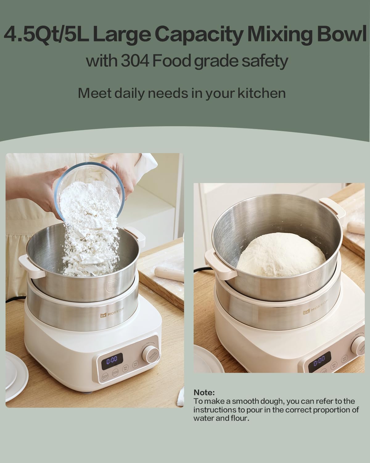 Electric Dough Maker with Proof Dough Function, Microcomputer Timing, 4.5Qt 304 Stainless Steel Bowl, Dough Mixer with Stuffing Blade, Green