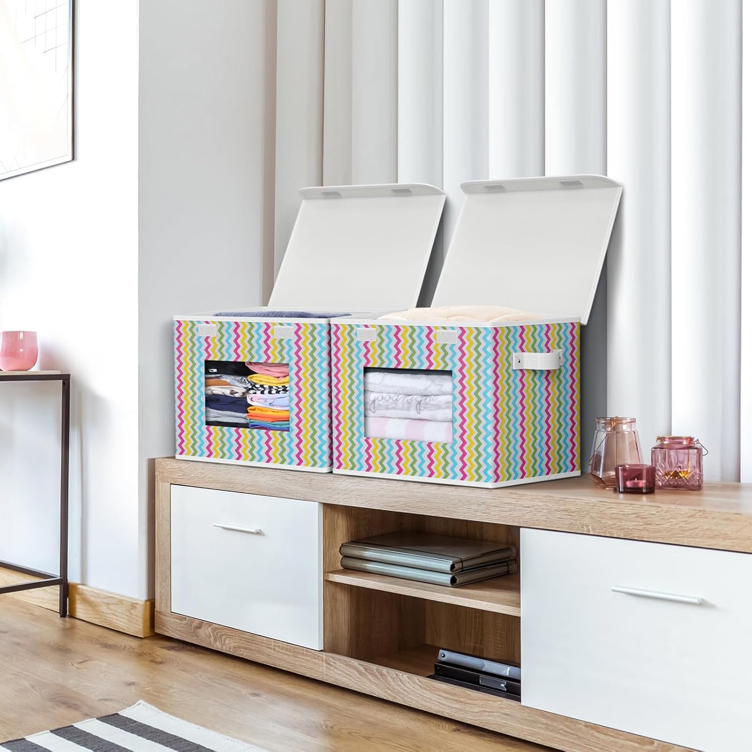Fabric Foldable Storage Boxes [4-Pack] Large Collapsible Stackable Storage Bins with Lids, Closet Organizers and Storage Cube Basket for Home, Office