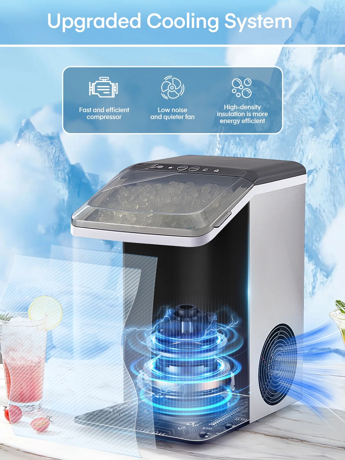 FOHERE Nugget Ice Maker Countertop, 38 Lbs In 24Hrs, Chewable Pellet Ice Cubes, Self-Cleaning Ice Machine, Stainless Steel Housing