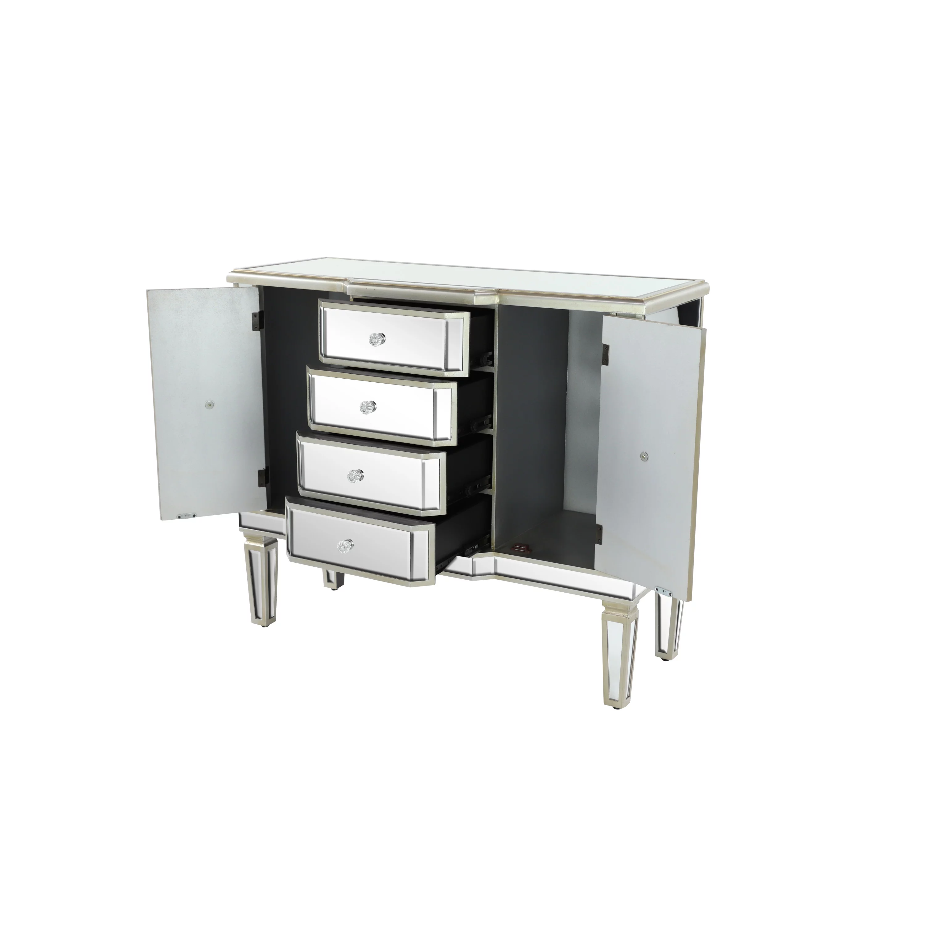 DecMode 39" x 34" Silver Wood Mirrored Panel 4 Drawers 2 Shelves and 2 Doors Buffet with Acrylic Knob Handles, 1-Piece
