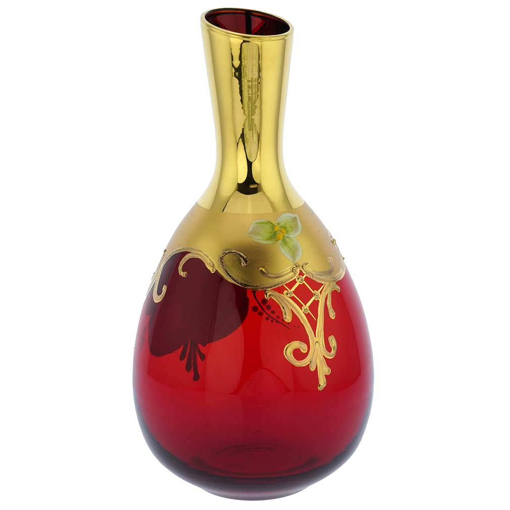 Murano Glass Decanter Set with 6 Wine Glasses Tumblers 24K Gold - Red