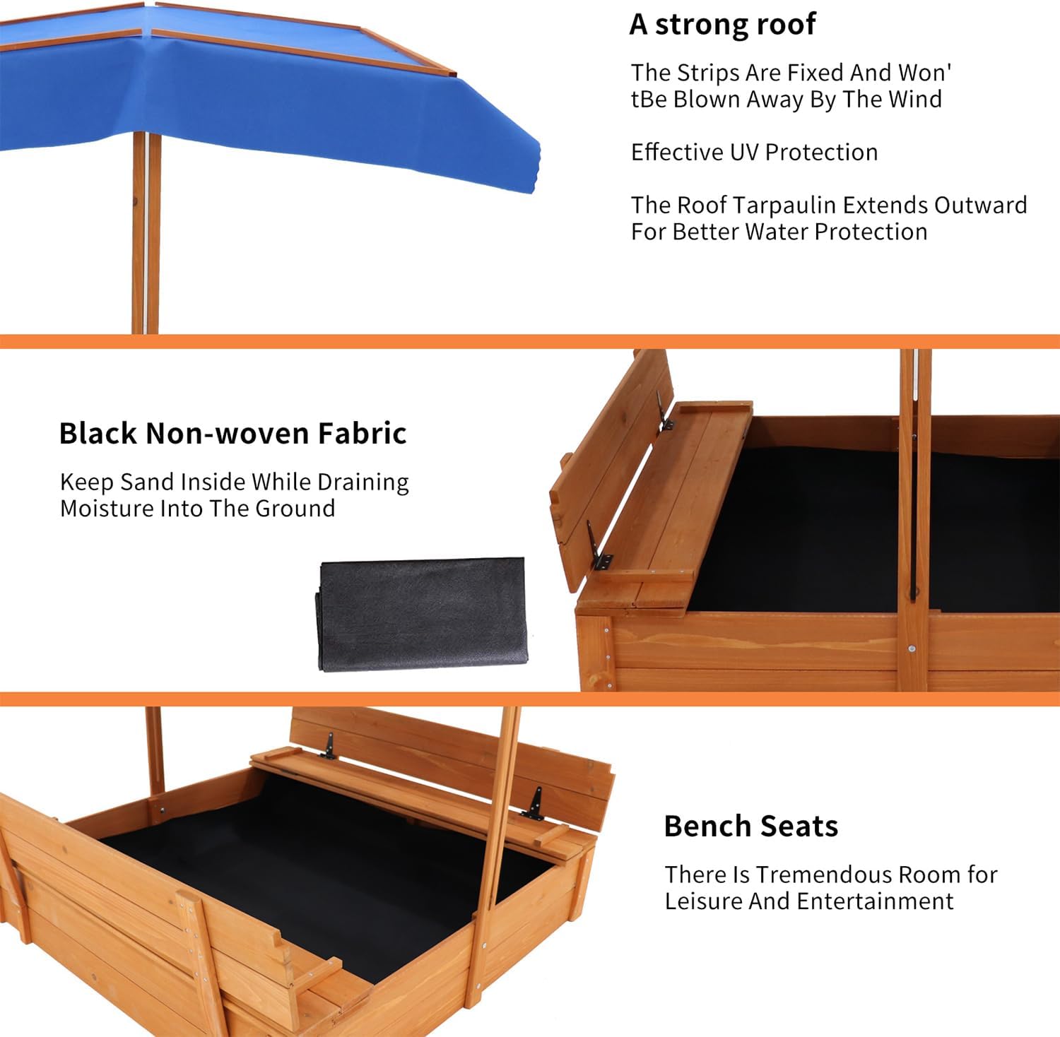 Wooden Cedar Sand Box, Large Kids Sand Boxes with Adjustable Canopy, 2 Foldable Bench Seats, Sand Protection, Bottom Liner
