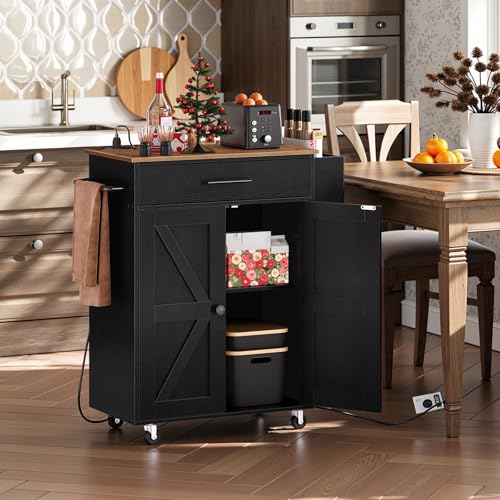 HOOBRO Kitchen Island with Power Outlet, Kitchen Island Storage Island with Large Worktop, Spice Rack and Drawer, Rolling Kitchen Cart on Wheels
