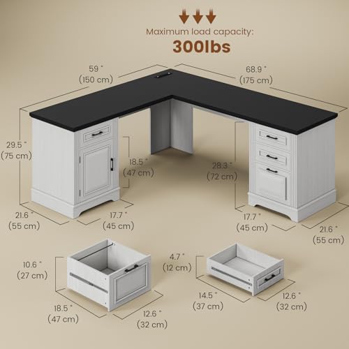 Itaar Farmhouse Executive L Shaped Desk, Home Office Desk with File Drawer and Power Outlet, Computer Corner Desk with Drawers and Storage Cabinet