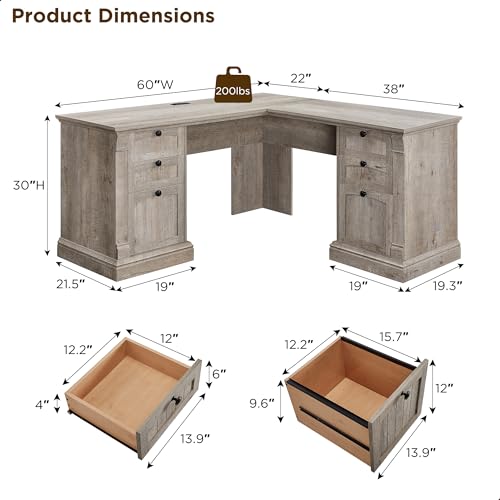 OKD 60" Executive Desk with Drawers, Farmhouse Home Office Desk with Charging Station, Keyboard Tray, File Cabinet Storage