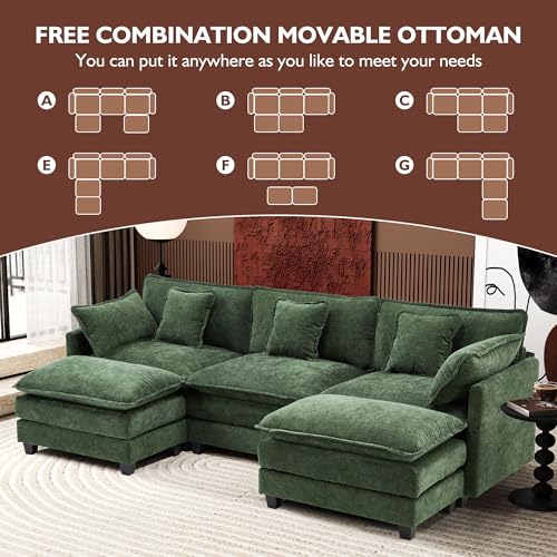 Ihanherry 111.4" U Shaped Modern Cloud Sofa Modular Sectional Couch with 2 Ottoman, 5-Seat Chenille Deep Seat Sofa with Pillow for Living Room