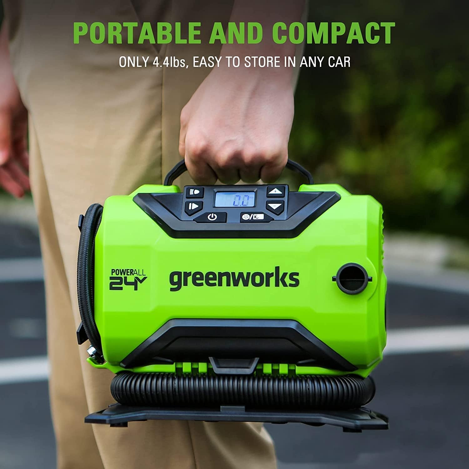 Greenworks 24V Portable Air Compressor - Cordless Tire Inflator Air Pump, MAX 160 PSI, 2 Power Sources, Auto Shut Off, for Car, Bicycle, Motocycle