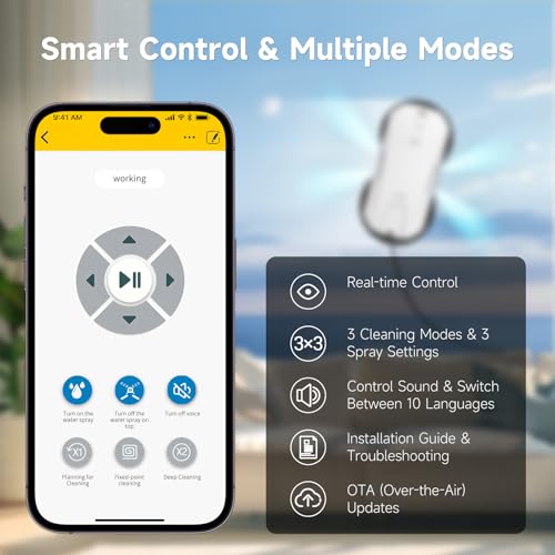 Fmart T11 Window Cleaning Robot, 5300PA Suction, Automatic 4-Way Spraying System, Triple Safety Protection, Smart Navigation, Remote Control
