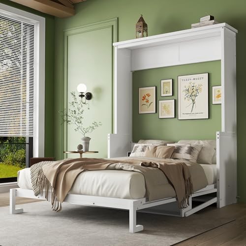 Queen Size Wall Bed with Desk, Wood Hidden Murphy Bed Frame, Foldable Murphy Cabinet Bed with Desk, Queen Size Murphy Bed, White