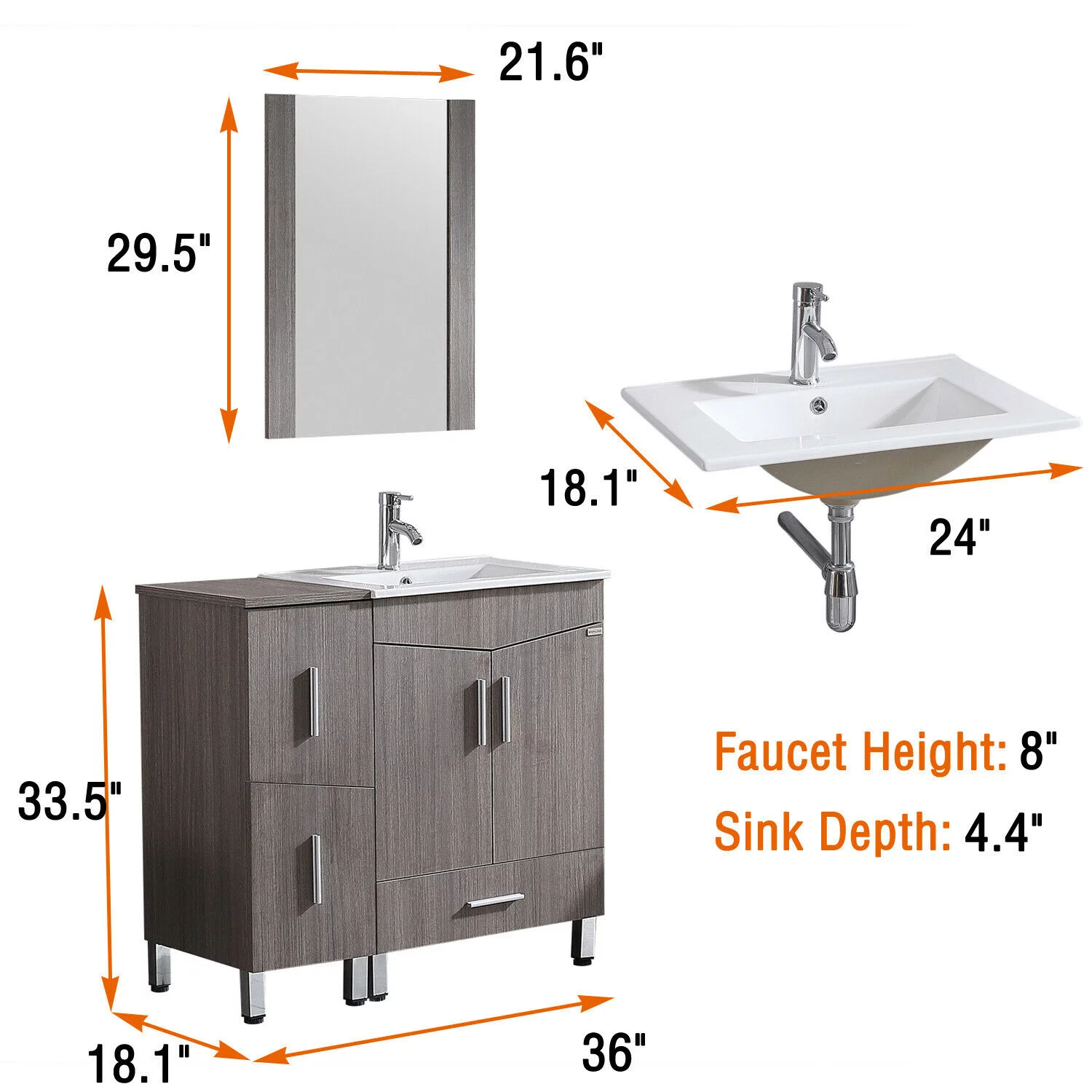 Wonline 36" Bathroom Vanity in Light Brown with Ceramic Base with Sink Faucet Drawers Wood Bath Cabinet Nordic Style