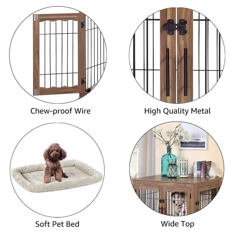 Unipaws Crate Wooden End Table with Wire Dog Kennel with Bed in Weathered Gray, 32x22 L x 23x22 W x 26.5x22 H, Medium