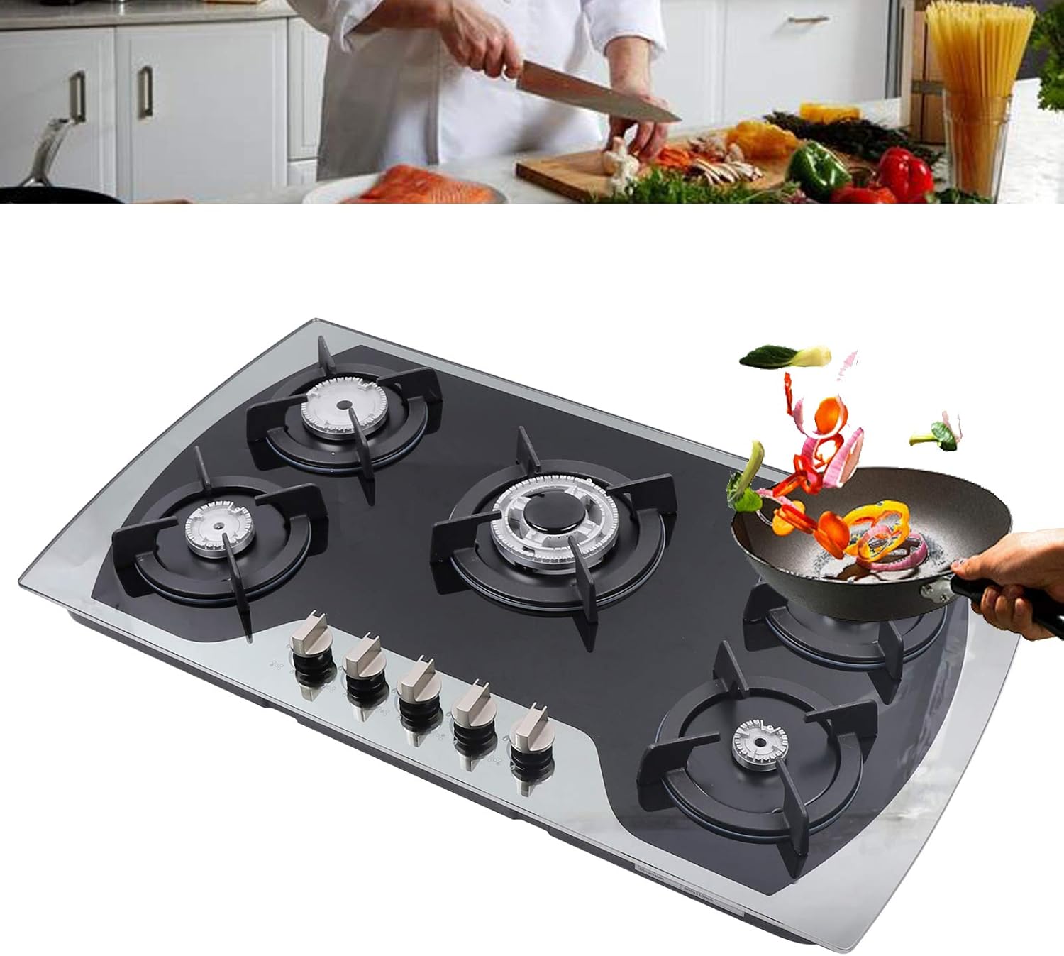 36" Gas Cooktop, Stainless Steel Built-in Gas Stove 5 Burners with Independent Switch Control, NG/LPG Convertible Gas Cooktop,Thermocouple Protection
