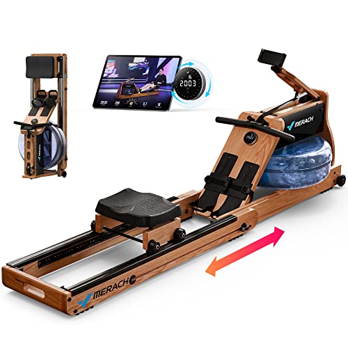 MERACH Foldable Wooden Rowing Machine, Water Electromagnetic Rower Machine for Home Use, Exclusive App Lifetime Membership, Patented Space Saver