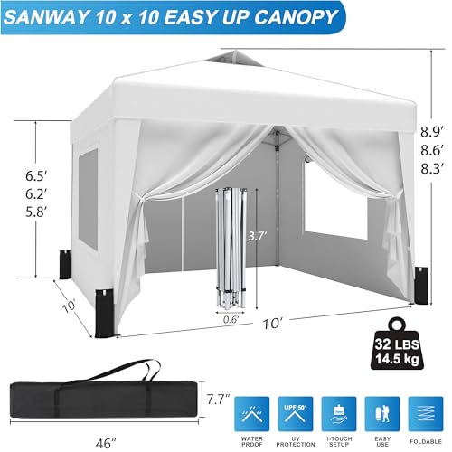SANWAY 10x10 Pop Up Canopy Tent with Sidewalls x 4 &ndash; Easy Setup Canopy Tent, Waterproof, UV-Resistant