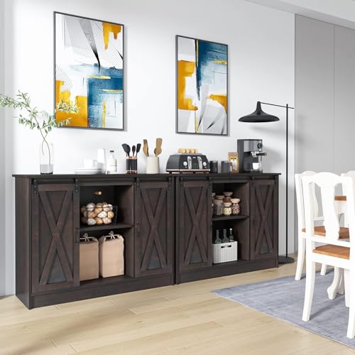4 EVER WINNER Coffee Bar Cabinet with Sliding Barn Doors, 42” Sideboard Buffet Cabinet with Storage
