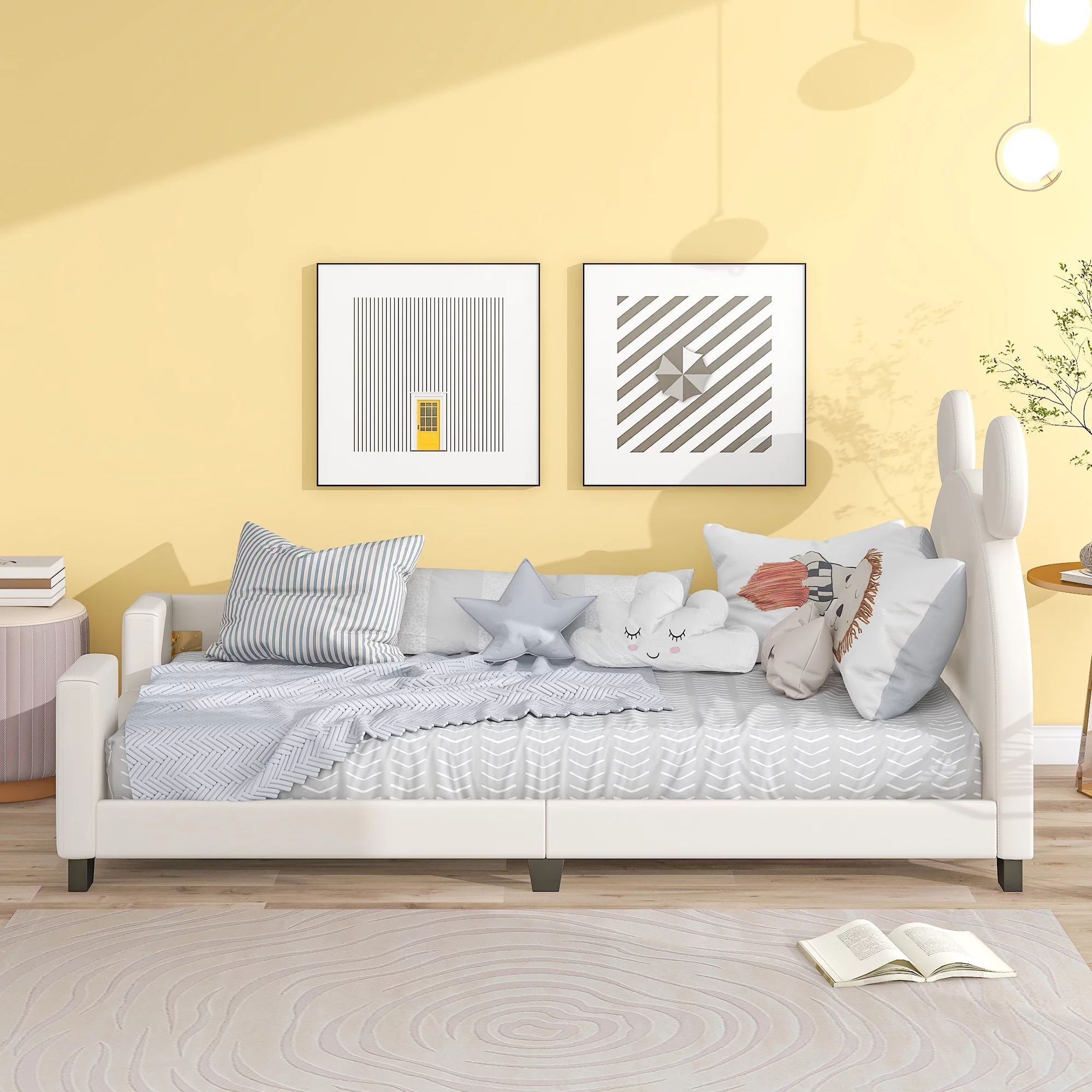 Euroco Mickey Mouse Shaped Twin Size Upholstery Daybed with Headboard for Kids Bedroom, White
