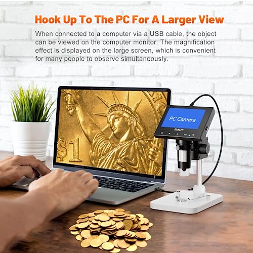 Elikliv Microscope, LCD Digital Coin Microscope 1000x, Coin Magnifier with 8 Adjustable LED Lights, PC View Compatible with Windows/MacBook, EDM4