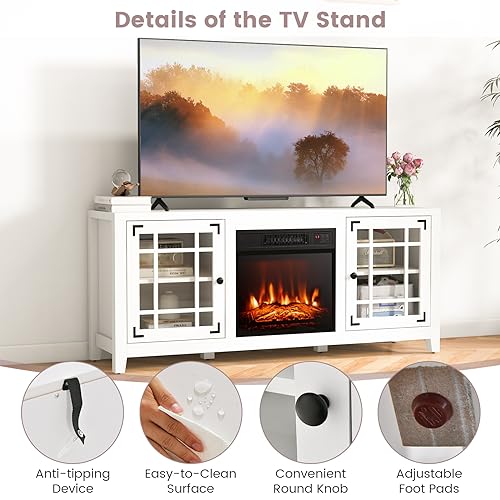 Tangkula Fireplace TV Stand for 65 Inches TVs, 58 Inch TV Console with Electric Fireplace Insert, Adjustable Shelves, Remote Control