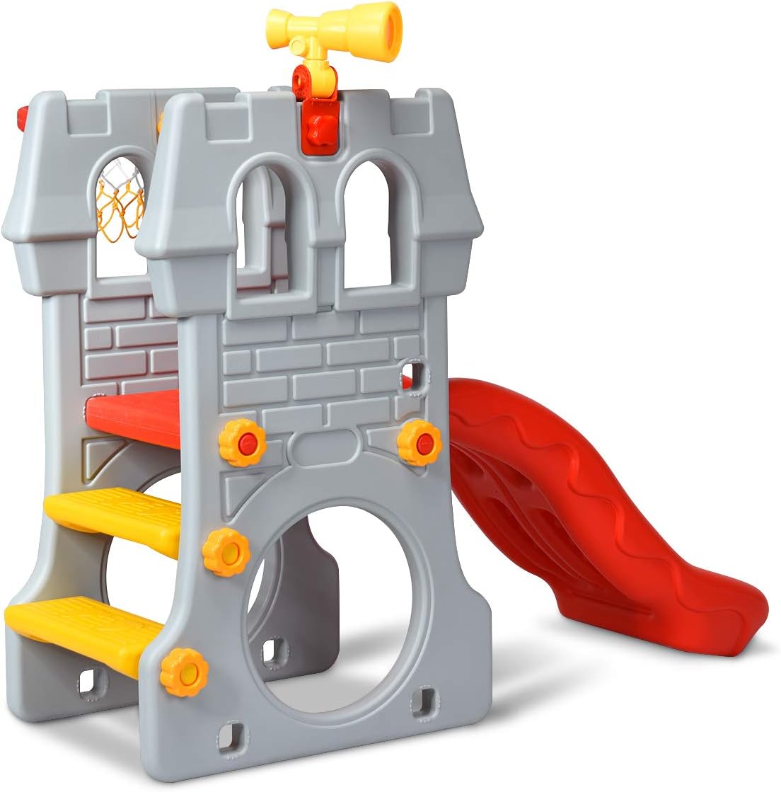 KOTEK Toddler Slide Indoor for Age 3-8, 5 in 1 Kids Climber Slide with Basketball Hoop, Telescope, Crawl Through Space & Climbing Stairs