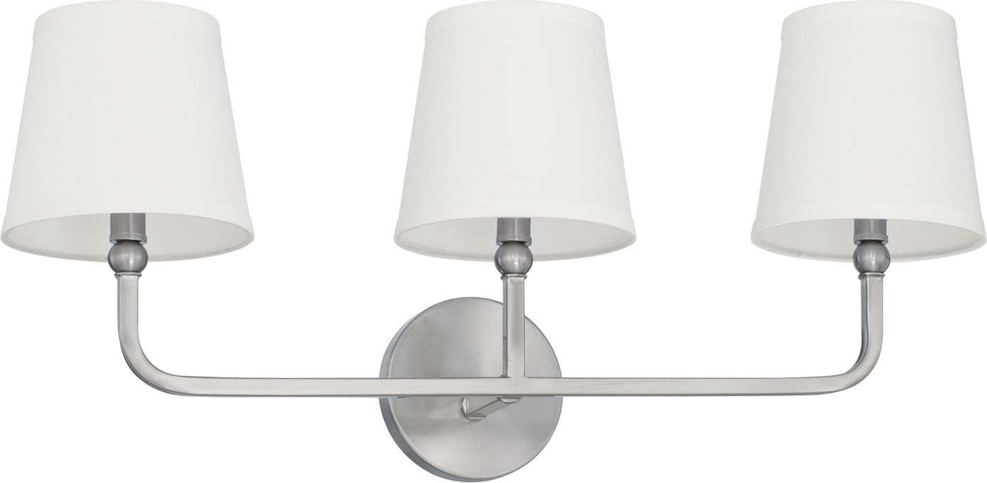 Capital Lighting 119331BN-674 Dawson Decorative White Fabric Stay-Straight Shades Bath Vanity Wall Mount, 3-Light 180 Total Watts, 12H x 26W
